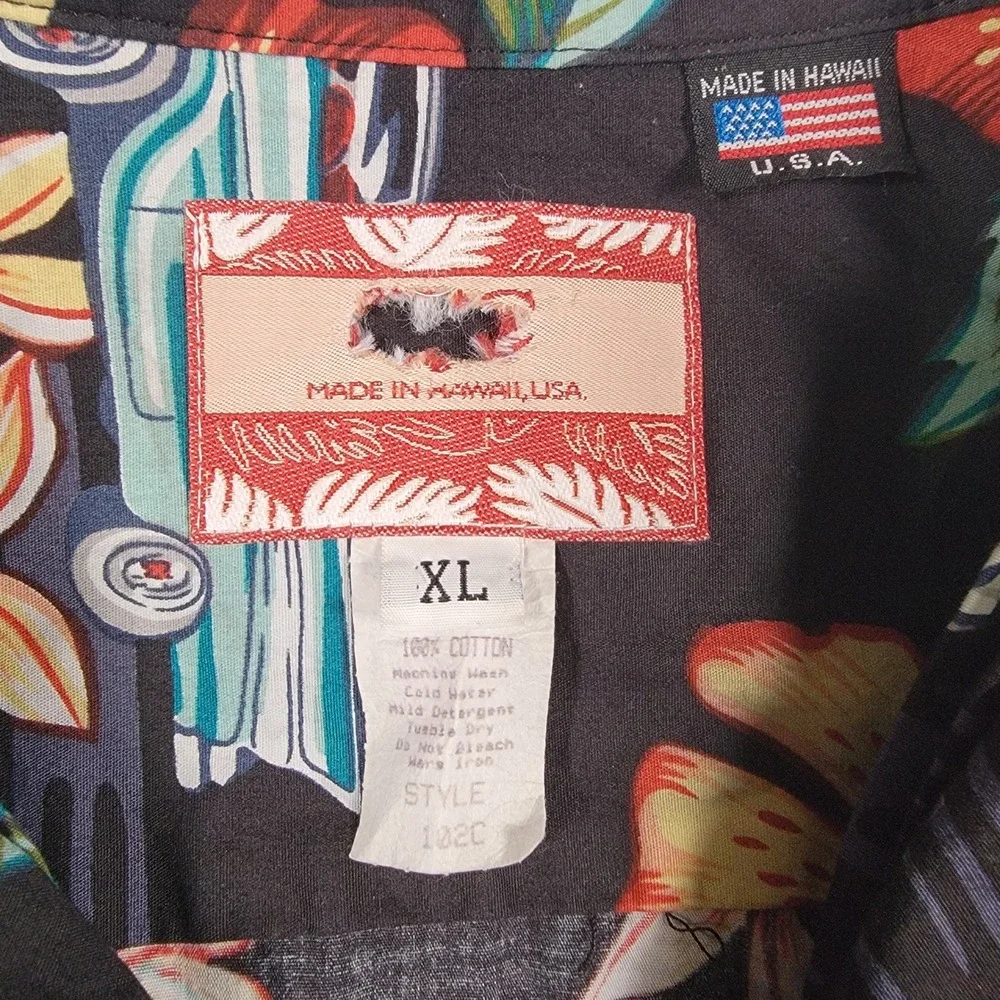 RJC 102C Hawaiian Shirt Mens XL Black Classic Car Hibiscus Cotton Aloha Made USA